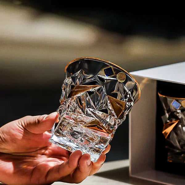 Bohemia Prismatic Whisky Glass – Hand-Cut Czech Crystal | Gold Rim