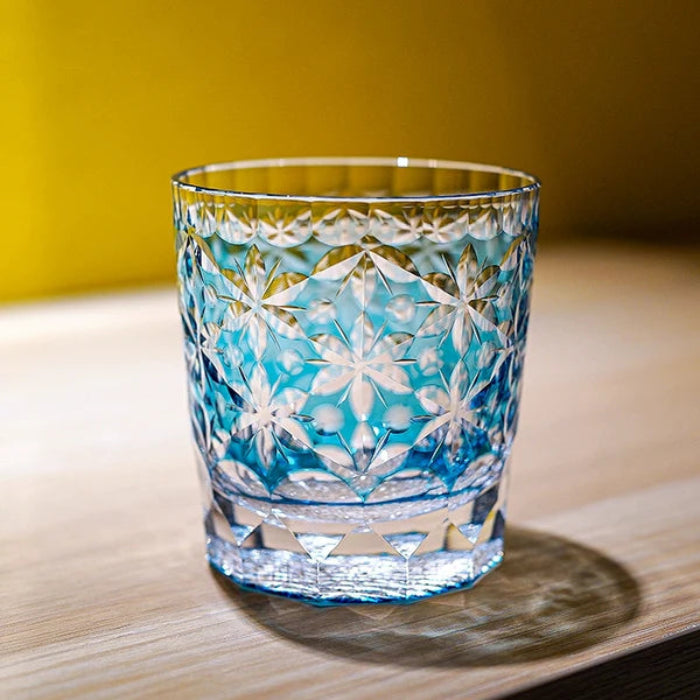 Edo Kiriko Sakura Snow Whisky Glass – Aqua – Hand-Carved Premium Crystal Glass | Spring Clarity