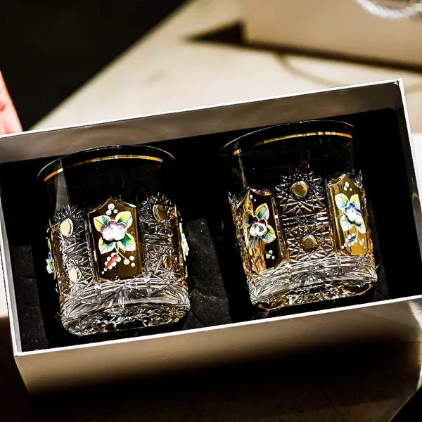 Bohemia Enchanted Blossom Whisky Glass – Hand-Cut Czech Crystal | Gold Enamel