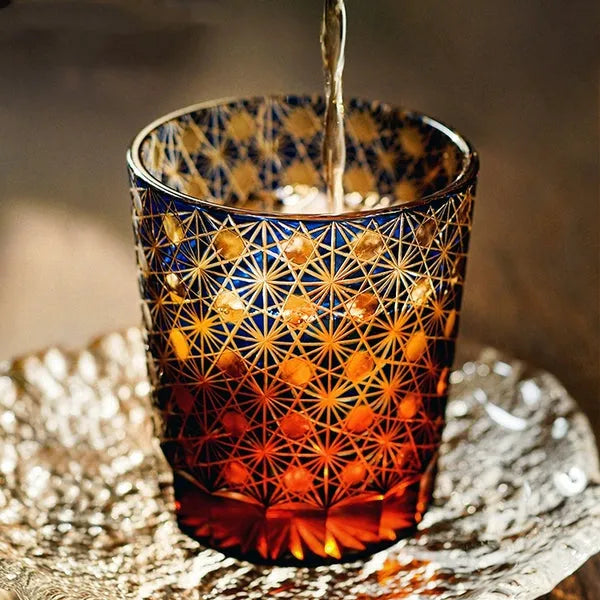 Edo Kiriko Amber Star Chrysanthemum Whisky Glass – Hand-Carved Premium Crystal Glass | Twilight Radiance