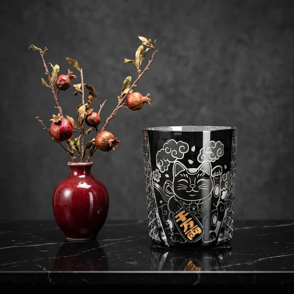 Edo Kiriko Kuro Kin Maneki Neko Whisky Glass – Hand-Carved Premium Crystal Glass | Gold & Midnight