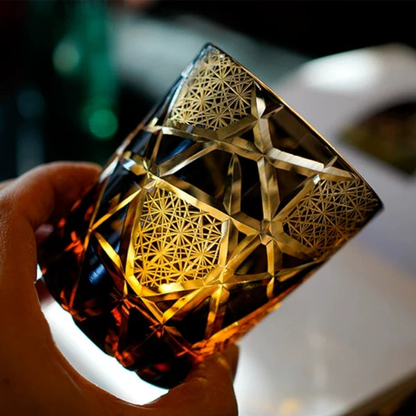 Edo Kiriko Hand-Carved Amber Lightning Pattern Whiskey Glass — A Strike of Power, Craft, and Elegance