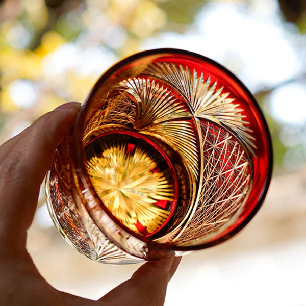 Edo Kiriko Hand-Carved Red Crane Feather Whiskey Glass – Wings of Grace, Cuts of Eternity