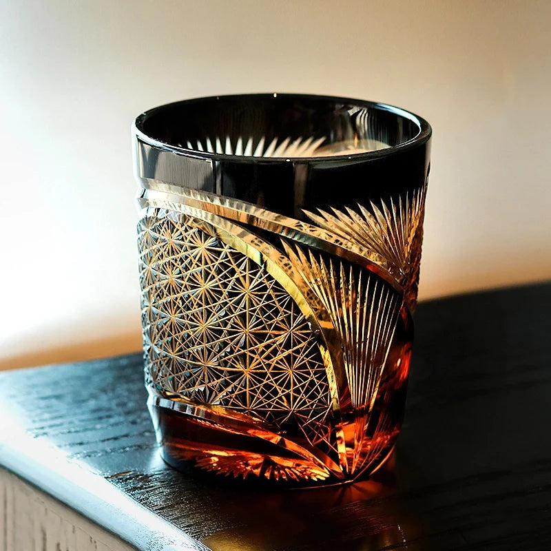Edo Kiriko Hand-Carved Black Crane Feather Whiskey Glass – Wings of Grace, Cuts of Eternity