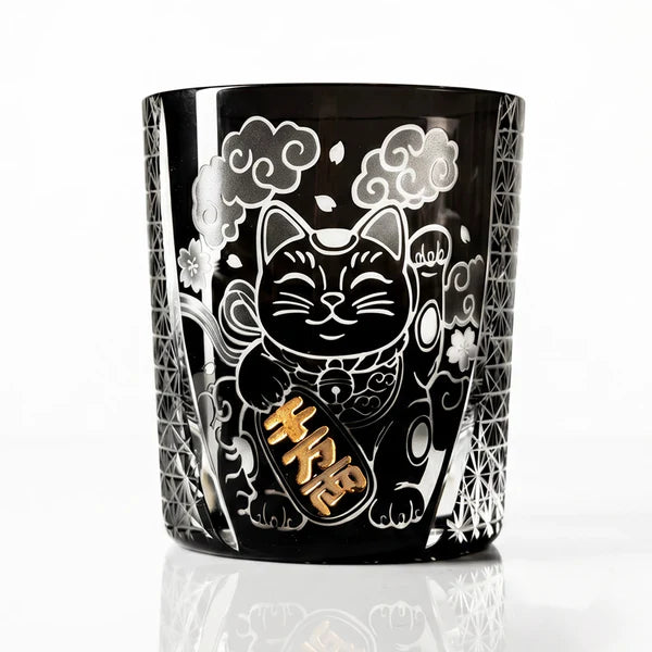 Edo Kiriko Kuro Kin Maneki Neko Whisky Glass – Hand-Carved Premium Crystal Glass | Gold & Midnight