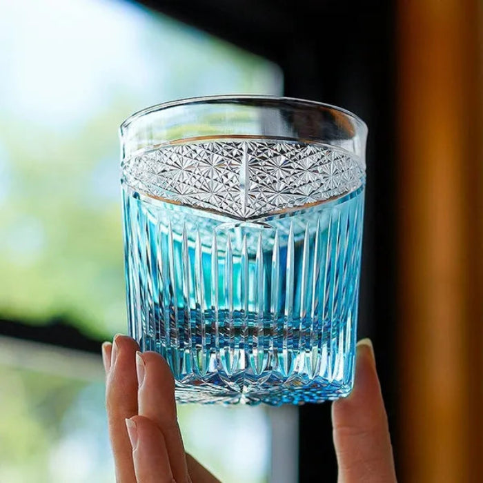 Edo Kiriko Karmic Whisky Glass – Aqua – Hand-Carved Premium Crystal Glass | Celestial Destiny