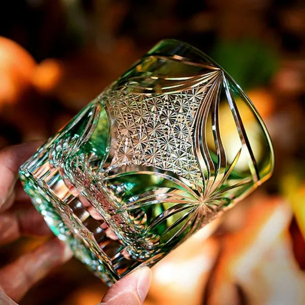 Edo Kiriko Lepidoptera Whisky Glass – Hand-Carved Premium Crystal Glass | Emerald Wings