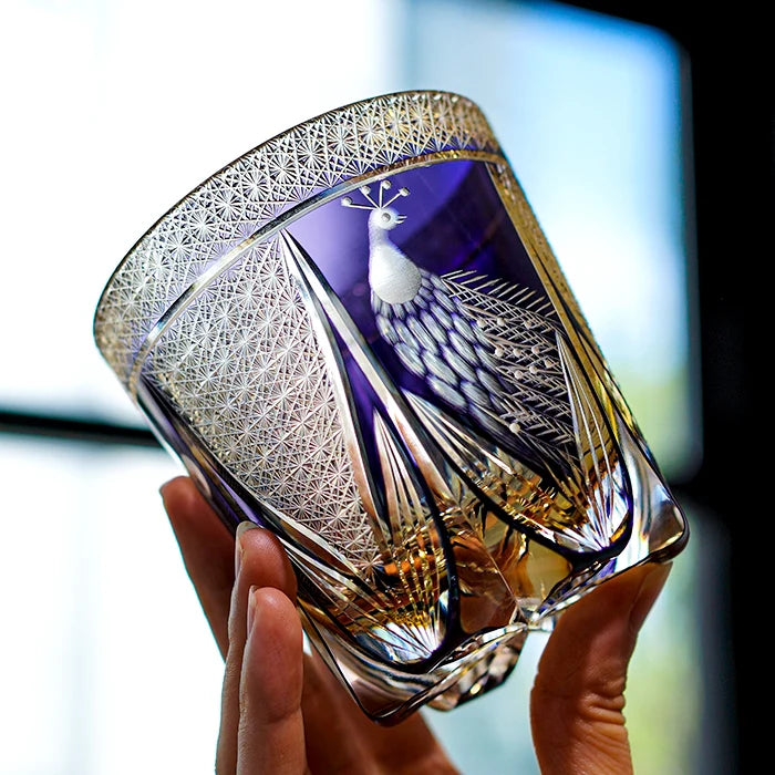 Edo Kiriko Hand-Carved Violet Peacock Whiskey Glass – A Royal Bloom in Crystal