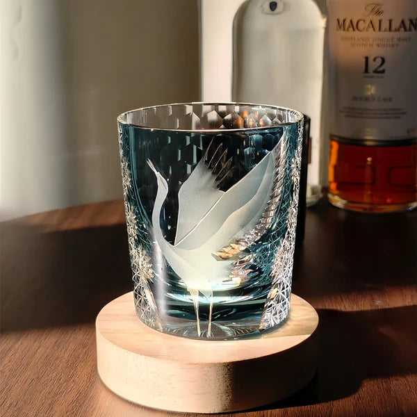Edo Kiriko Hand-Carved Soaring Crane Whisky Glass – A Symbol of Grace in Flight