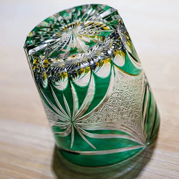 Edo Kiriko Lepidoptera Whisky Glass – Hand-Carved Premium Crystal Glass | Emerald Wings