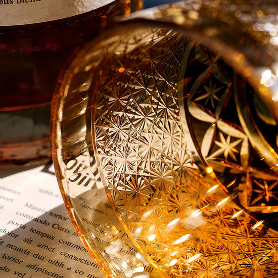 Edo Kiriko Hand-Carved Shippou Amber Whiskey Glass – Radiance in Amber, Elegance in Tradition