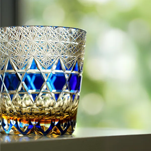 Edo Kiriko Sapphire Fluorite Whisky Glass – Hand-Carved Premium Crystal Glass | Prismatic Brilliance