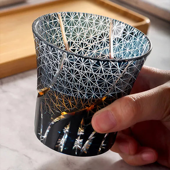 Edo Kiriko Ink & Flame Whisky Glass – Hand-Carved Premium Crystal Glass | Midnight Fire