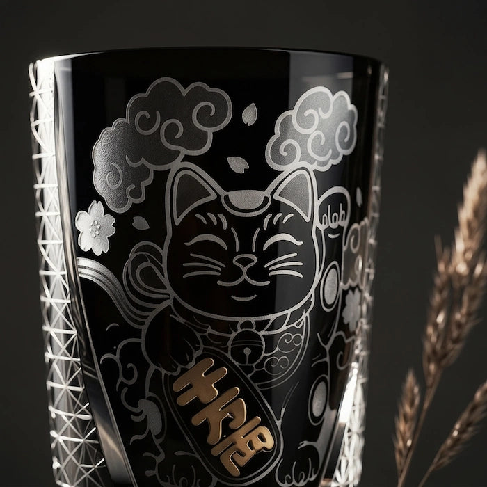 Edo Kiriko Kuro Kin Maneki Neko Whisky Glass – Hand-Carved Premium Crystal Glass | Gold & Midnight