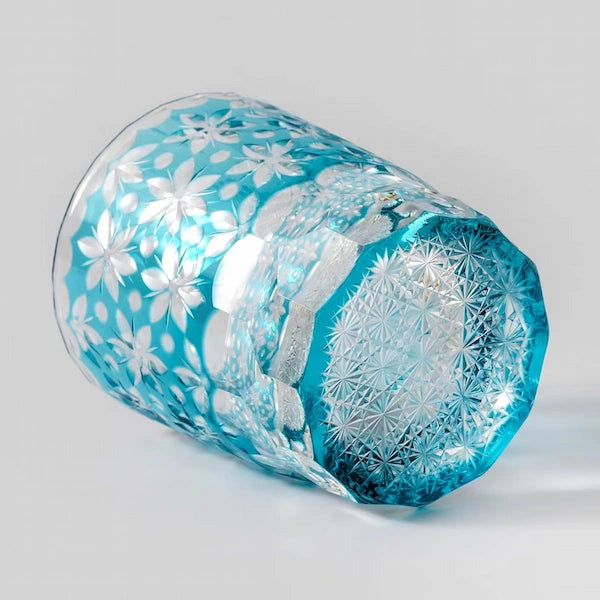 Edo Kiriko Sakura Snow Whisky Glass – Aqua – Hand-Carved Premium Crystal Glass | Spring Clarity