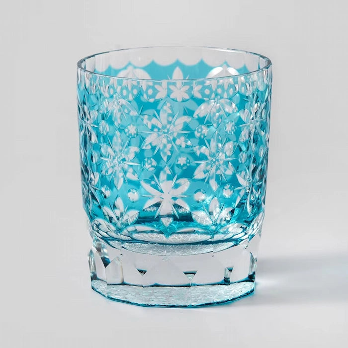 Edo Kiriko Sakura Snow Whisky Glass – Aqua – Hand-Carved Premium Crystal Glass | Spring Clarity